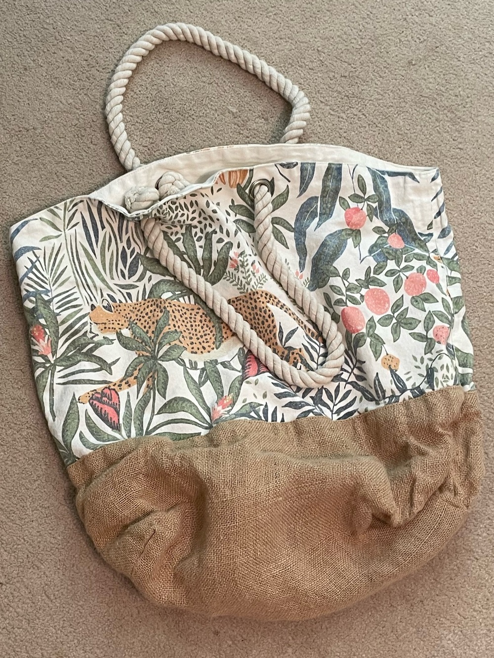 Leopard Tropical Print Beach Tote Bag with Jute Bottom and Rope Handles